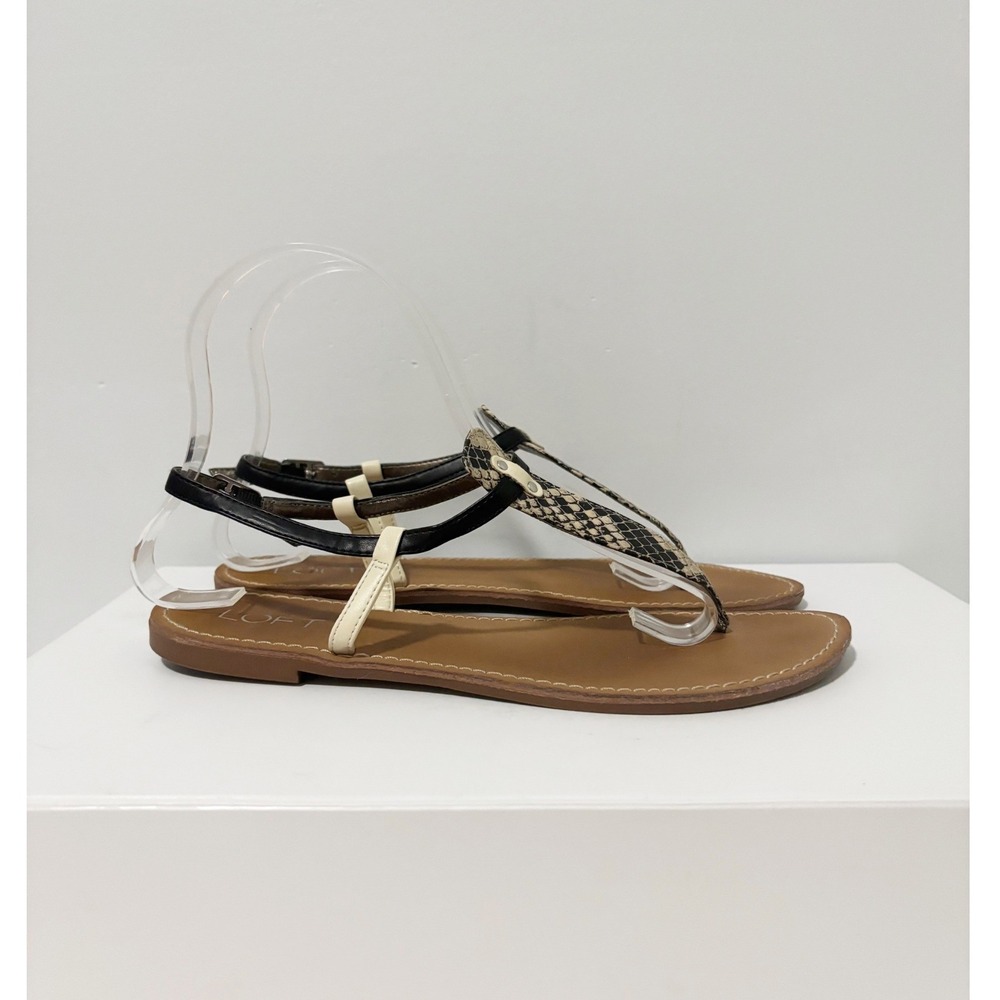 LOFT Sandals Women 7M Brown Snakeskin Print T-Strap Ankle Buckle Flat Shoes